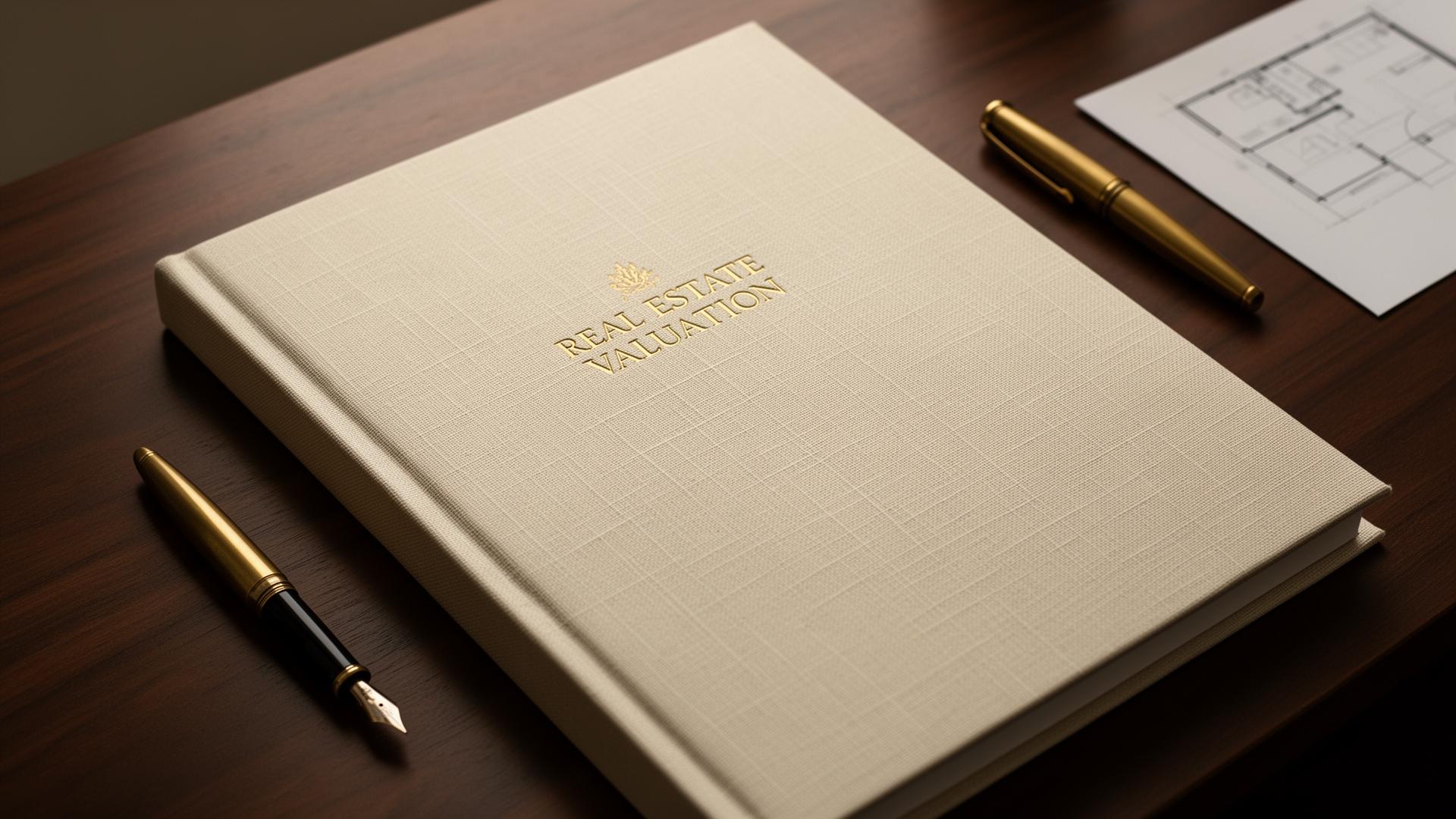 A luxury real estate valuation folio resting on a walnut desk with a brass fountain pen.